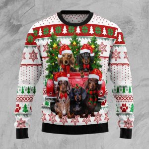 Dachshund Red Truck Ugly Christmas Sweater,…
