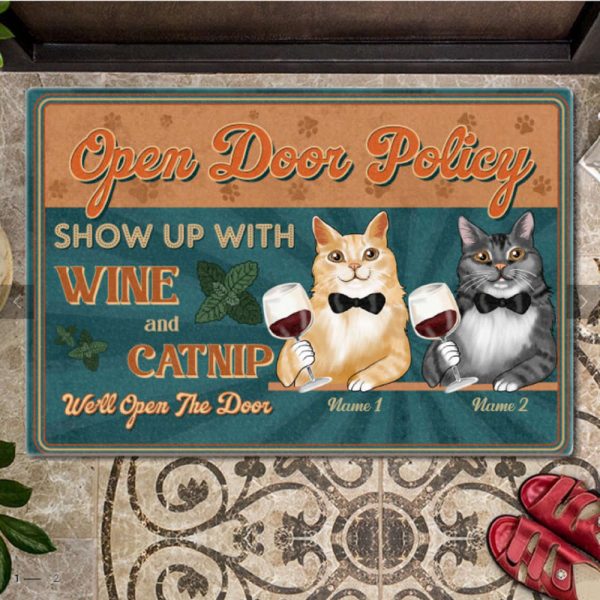 Open Door Policy Show Up With Wine and Catnip Doormat, Gift For Cat Lovers