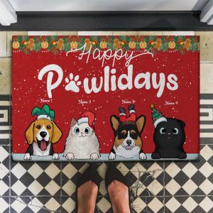 Happy Pawlidays Personalized Doormat, Customized Cat…