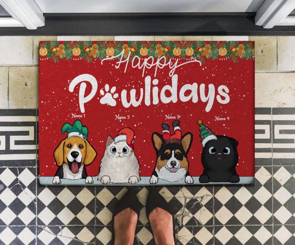 Happy Pawlidays Personalized Doormat, Customized Cat Dog Doormat, Gift For Pet Lovers