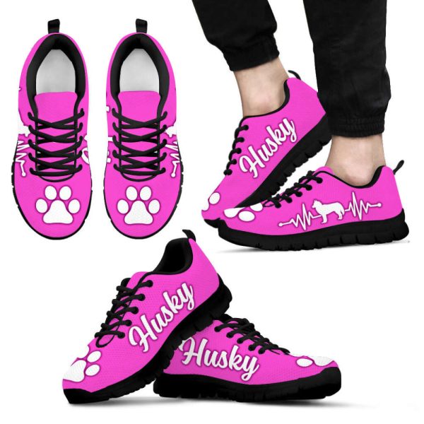 Husky Dog Lover Shoes White Heartbeat Pink Sneakers Walking Running Lightweight Casual Shoes For Pet Lover