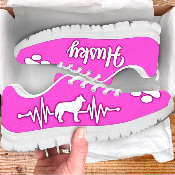 Husky Dog Lover Shoes White Heartbeat Pink Sneakers Walking Running Lightweight Casual Shoes For Pet Lover