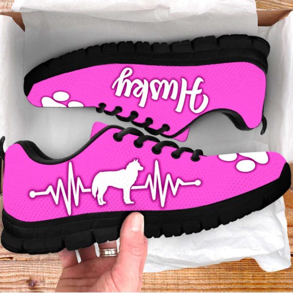 Husky Dog Lover Shoes White Heartbeat Pink Sneakers Walking Running Lightweight Casual Shoes For Pet Lover