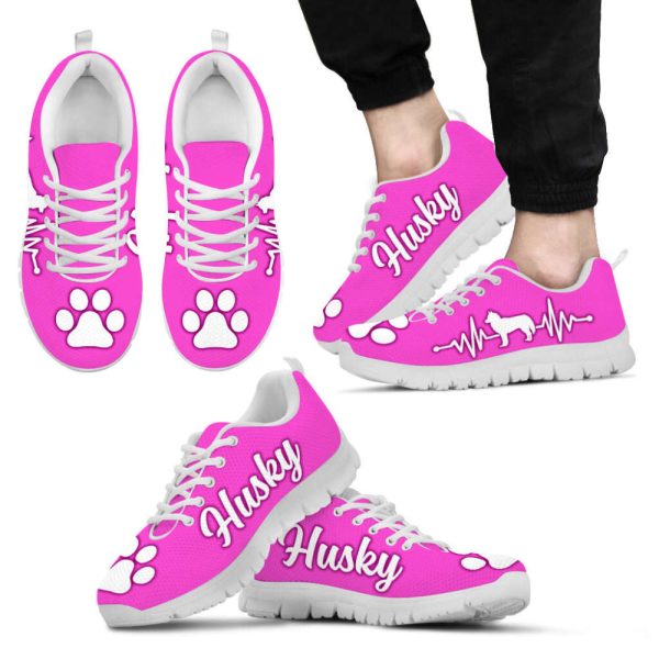 Husky Dog Lover Shoes White Heartbeat Pink Sneakers Walking Running Lightweight Casual Shoes For Pet Lover