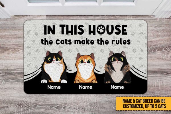 In This House The Cats Make The Rules Doormat, Personalized Pet Doormat For Cat Lovers