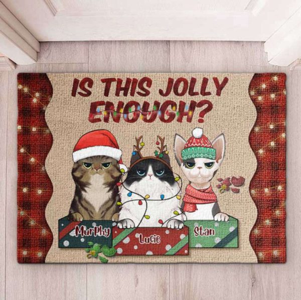 Is This Jolly Enough Cat Christmas Personalized Doormat, Cat Welcome Mat For Christmas