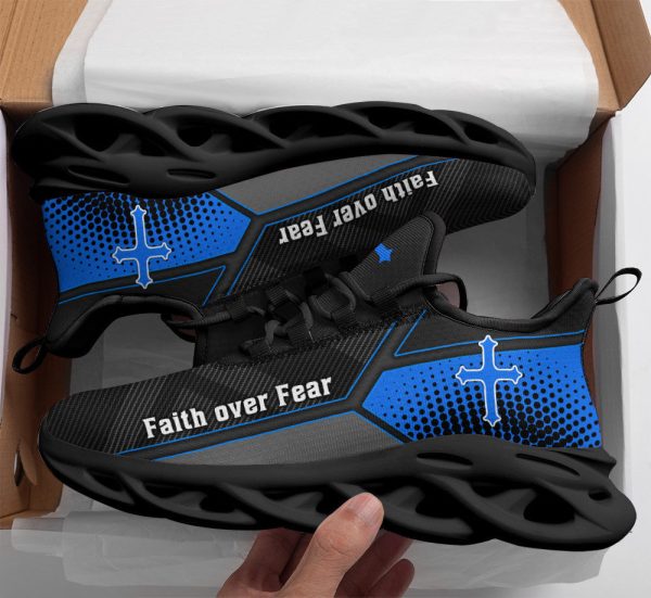 Jesus Faith Over Fear Blue Black Running Sneakers Max Soul Shoes  For Men And Women