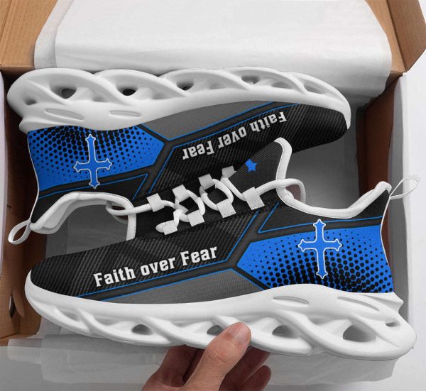 Jesus Faith Over Fear Blue Black Running Sneakers Max Soul Shoes  For Men And Women