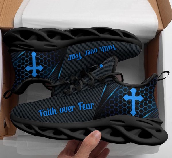 Jesus Faith Over Fear Running Sneakers Black And Blue Max Soul Shoes  For Men And Women