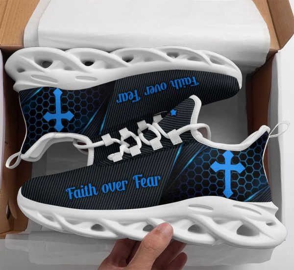 Jesus Faith Over Fear Running Sneakers Black And Blue Max Soul Shoes  For Men And Women