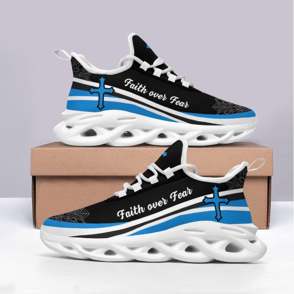 Jesus Faith Over Fear Running Sneakers Blue And White Max Soul Shoes  For Men And Women