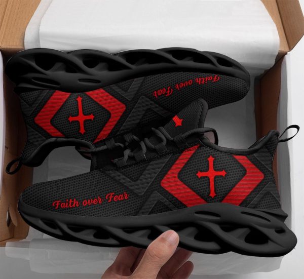 Jesus Faith Over Fear Running Sneakers Red And Black Max Soul Shoes  For Men And Women