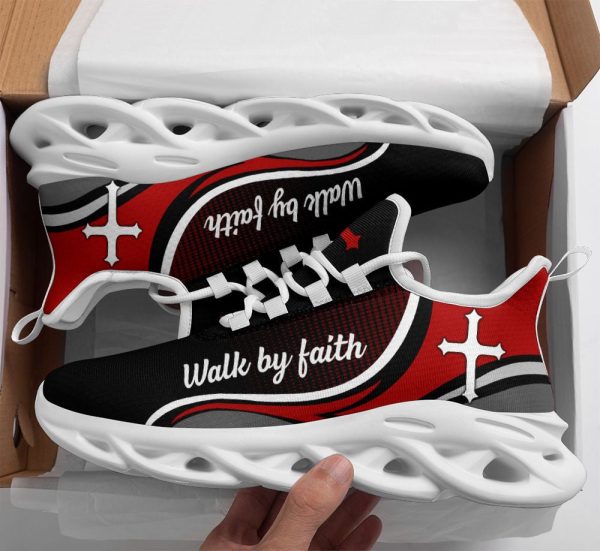 Jesus Walk By Faith Running Sneakers Red Black Max Soul Shoes  For Men And Women