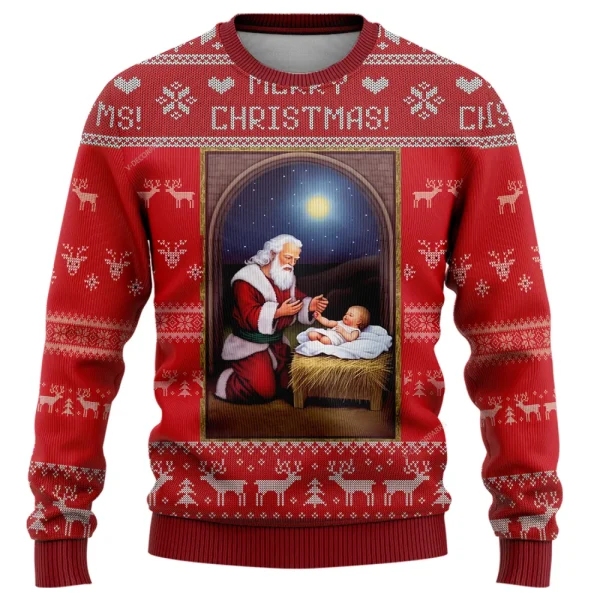 Love Jesus Ugly Christmas Sweaters, 3D Printed Santa Claus Crewneck Sweaters For Men Women
