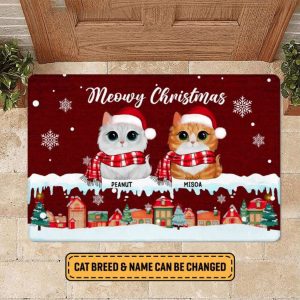 Meowy Christmas Personalized Doormat, Funny Welcome…