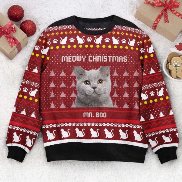 Meowy Christmas, Personalized Photo Ugly Sweater, For Men And Women