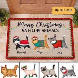 Merry Christmas Cats Personalized Doormat, Santa…