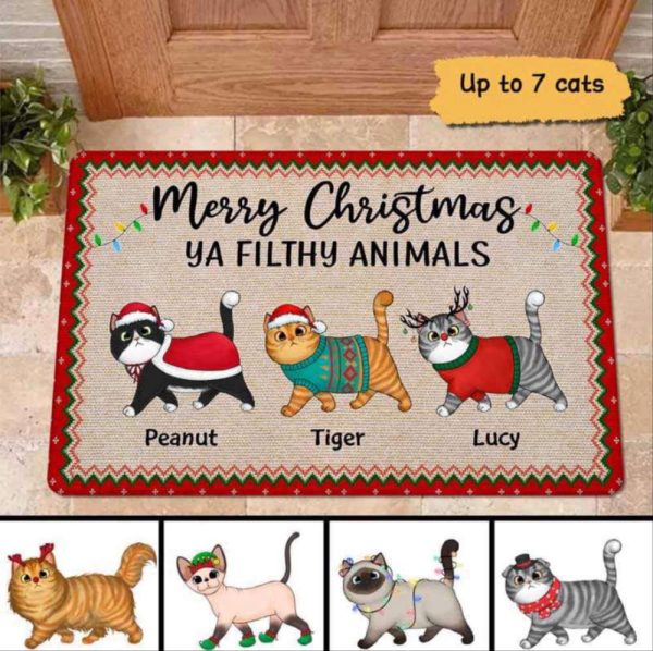 Merry Christmas Cats Personalized Doormat, Santa Pet Doormat, Gift For Cat Lovers