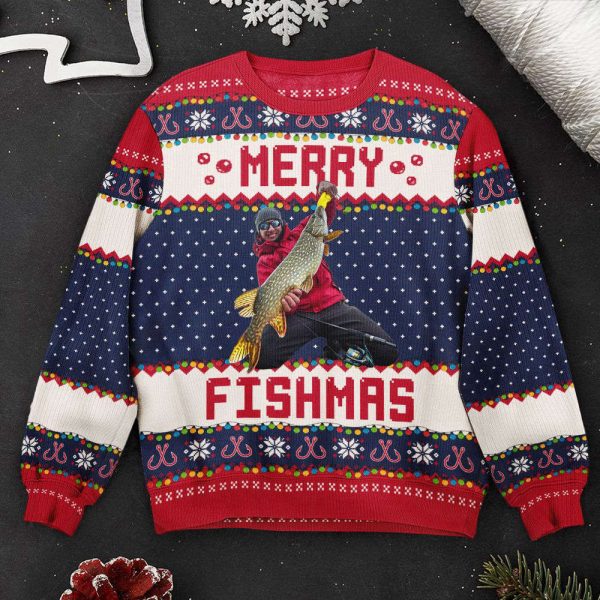 Merry Fishmas Gift For Fishing Lovers, Personalized Photo Ugly Sweater, For Men And Women