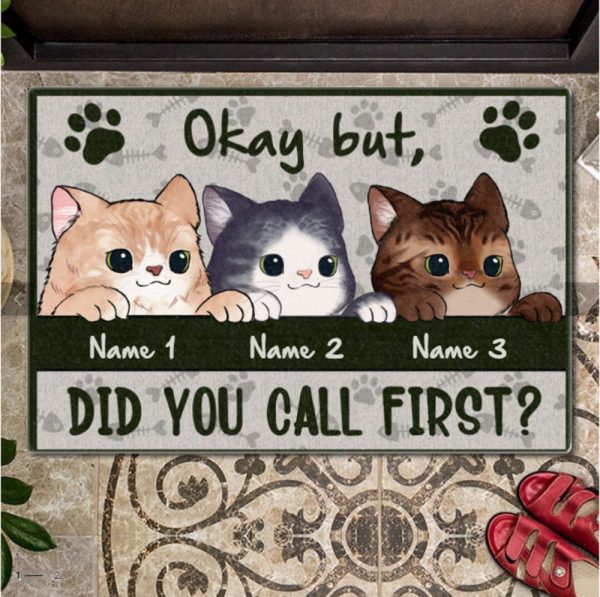 Personalized Chibi Cat Doormat, Okay But But Did You Call First Doormat For Cat Lover