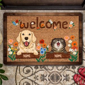 Personalized Pet With Flower Doormat, Dog…
