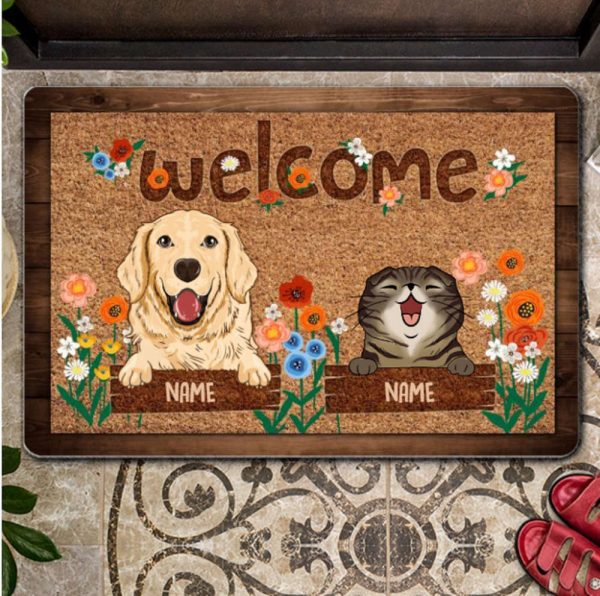 Personalized Pet With Flower Doormat, Dog Entrance Mat, Gift For Pet Lovers
