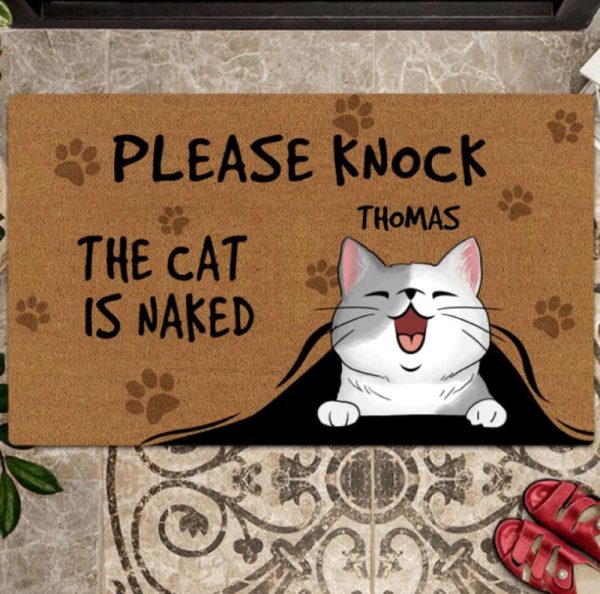 Please Knock The Cat Is Naked Personalized Cat Doormat, Gift For Pet Lovers