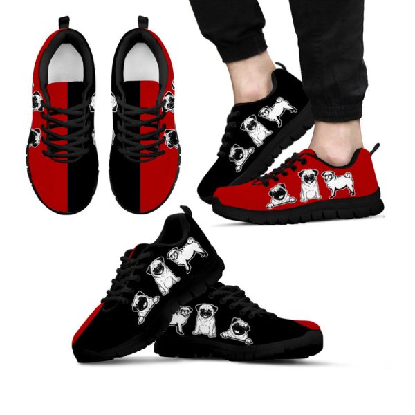 Pug Dog Lover Shoes Red Black Color Sneakers Walking Running Lightweight Casual Shoes For Pet Lover