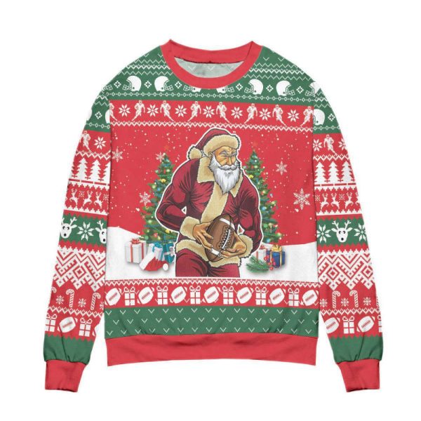 Santa Claus & Football Snowflake Pattern Ugly Christmas Sweater, Gift For Christmas
