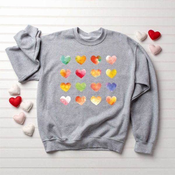Watercolor Hearts Valentine Sweatshirt, Valentine Graphic Tee, Sweatshirt For Women