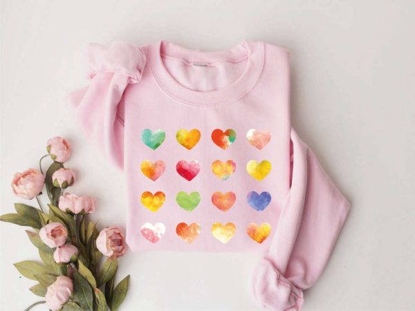Watercolor Hearts Valentine Sweatshirt, Valentine Graphic Tee, Sweatshirt For Women