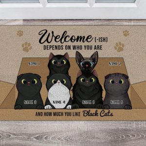 welcome ish depends on who you are how much you like black cat doormat personalized pet doormat custom cat doormat funny rug for cat lover 1.jpeg