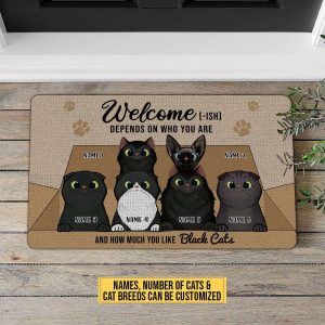 welcome ish depends on who you are how much you like black cat doormat personalized pet doormat custom cat doormat funny rug for cat lover.jpeg