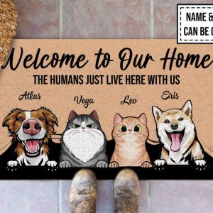 welcome to our home the human just live here with us dog cat doormat personalized pet doormat cute funny rug for dog lovers for cat lovers 1.jpeg