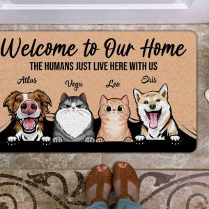 welcome to our home the human just live here with us dog cat doormat personalized pet doormat cute funny rug for dog lovers for cat lovers.jpeg