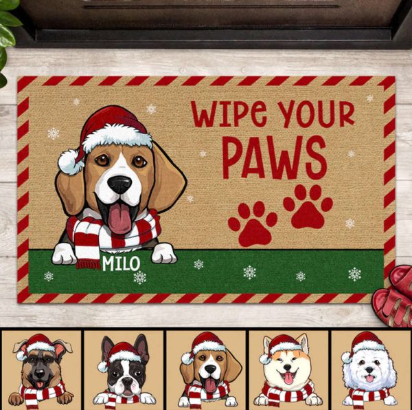 Wipe Your Paws Christmas Personalized Dog Doormat, Santa Pet Doormat For Dog Lover