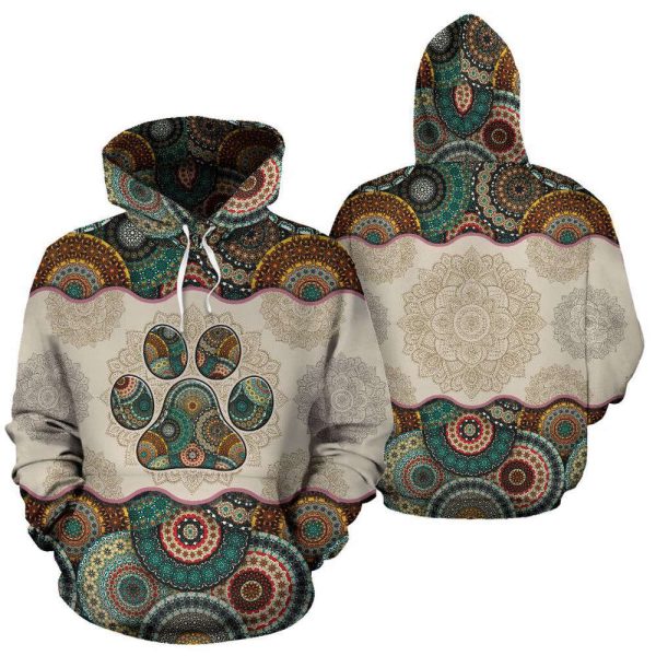 Dog Paw Vintage Mandala Full Hoodie Dog Mom All Over Print Pullover Hoodie For Dog Lover