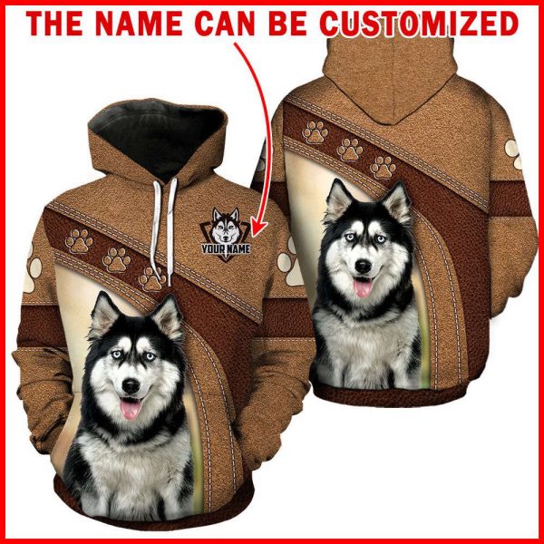 Husky Dog Leather Pattern Full Hoodie All Personalized Custom Name Full Hoodie All Over Print For Men And Women