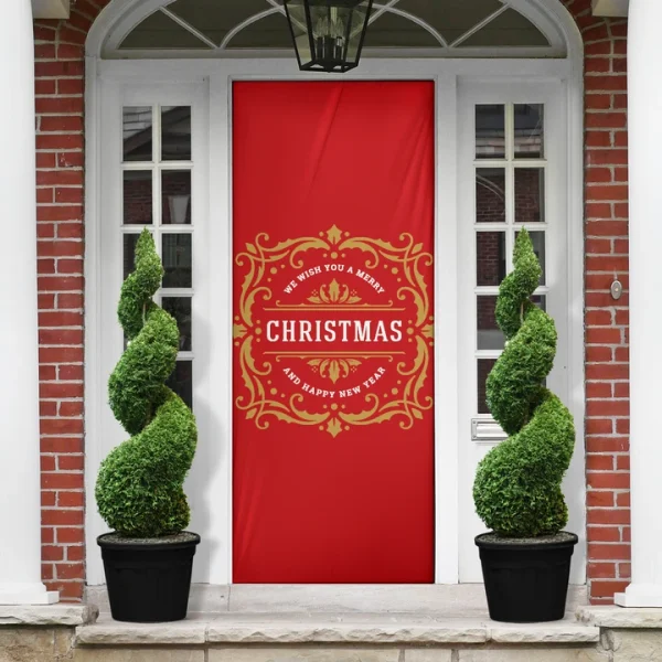 Merry Christmas And Happy New Year Background Orange Color Door Cover, Gift For Christmas