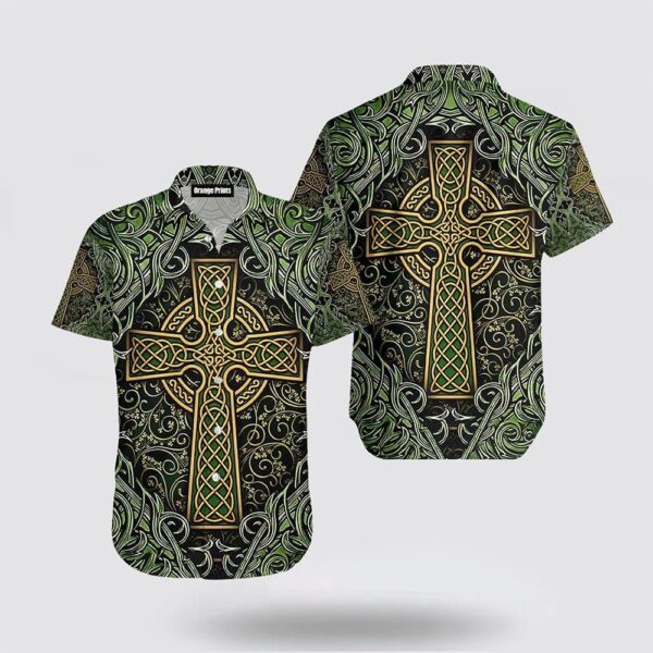 Amazing Celtic Cross St Patrick Green Irish Viking Nordic Knots Hawaiian Shirt, St Patricks Day Shirts, Shamrock Hawaiian Shirt