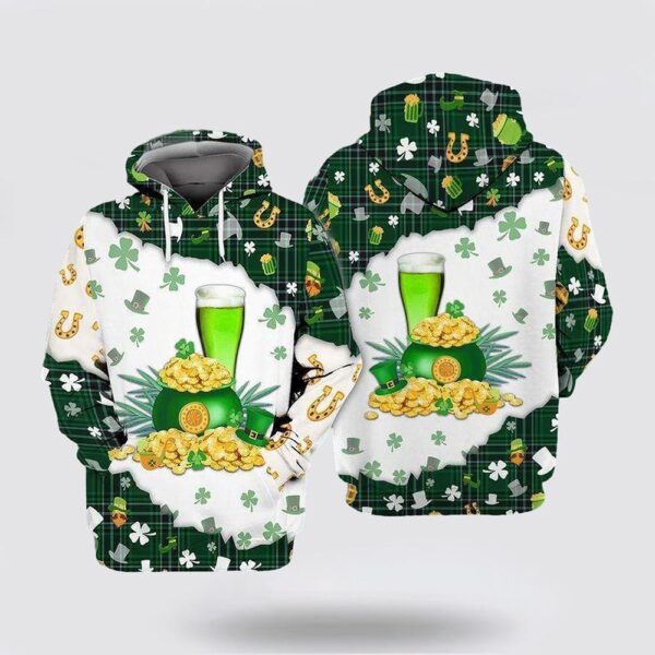 Beer With Gold St Patrick Day 3D All Over Print Hoodie, St Patricks Day Shirts