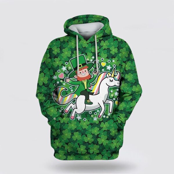 Saint Patrick Day Green Man Riding Unicorn Apparel Green Over Print 3D Hoodie, St Patricks Day Shirts