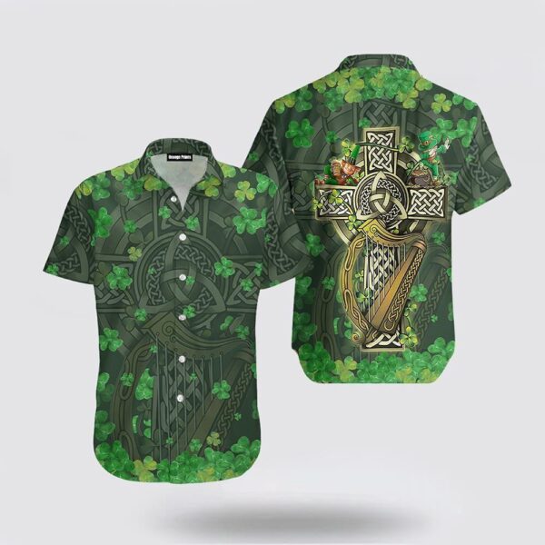Saint Patrick’s Day Shamrock The Celtic Cross Harp Irish Hawaiian Shirt, St Patricks Day Shirts, Shamrock Hawaiian Shirt