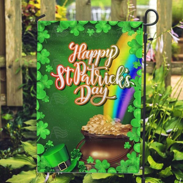 St Patrick Day Flag, Pot Of Gold At End Of Rainbow Double Sided Flag, St Patrick’s Flag, St Patrick’s Day Garden Flag