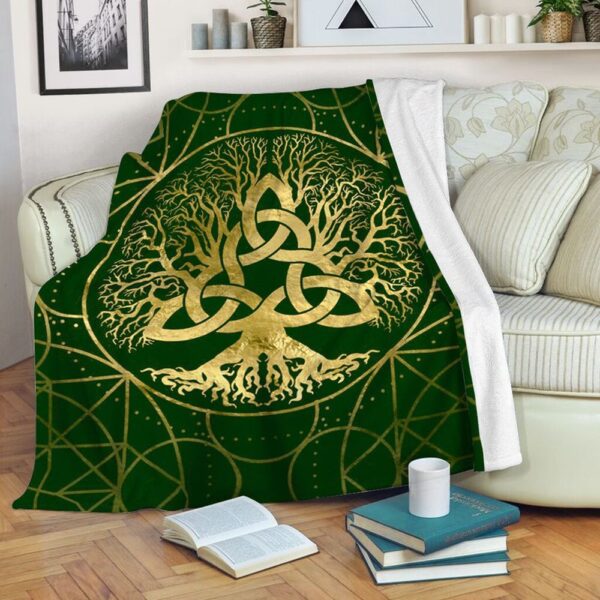 St Patrick’s Blanket, Irish Tree Celtic Green Gold Fleece Throw Blanket Irish Viking Tree Of Life Fleece Blanket