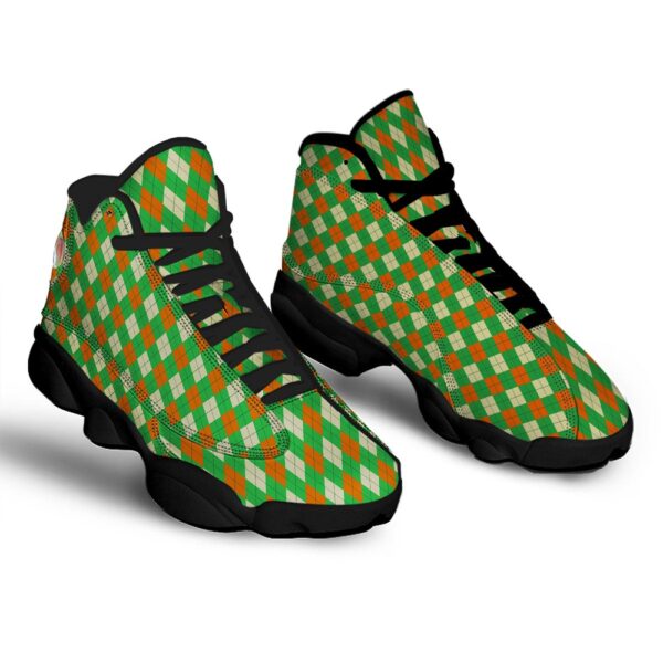 St Patrick’s Day Shoes, Argyle Saint Patrick’s Day Print Pattern Black Basketball Shoes, St Patrick’s Day Sneakers