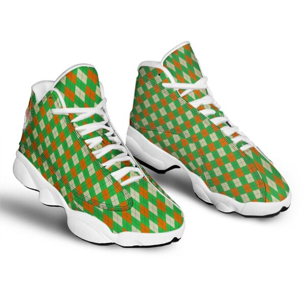 St Patrick’s Day Shoes, Argyle Saint Patrick’s Day Print Pattern White Basketball Shoes, St Patrick’s Day Sneakers