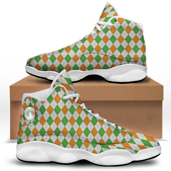 St Patrick’s Day Shoes, Argyle St Patrick’s Day Print Pattern White Basketball Shoes, St Patrick’s Day Sneakers