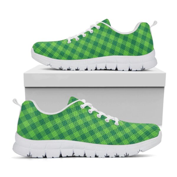 St Patrick’s Day Shoes, Green St. Patrick’s Day Plaid Print White Running Shoes, St Patrick’s Day Sneakers
