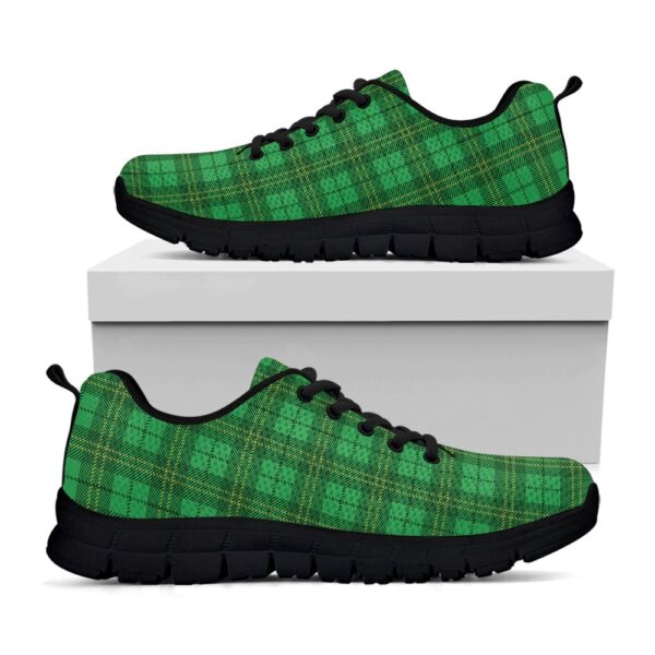 St Patrick’s Day Shoes, Green Tartan St. Patrick’s Day Print Black Running Shoes, St Patrick’s Day Sneakers